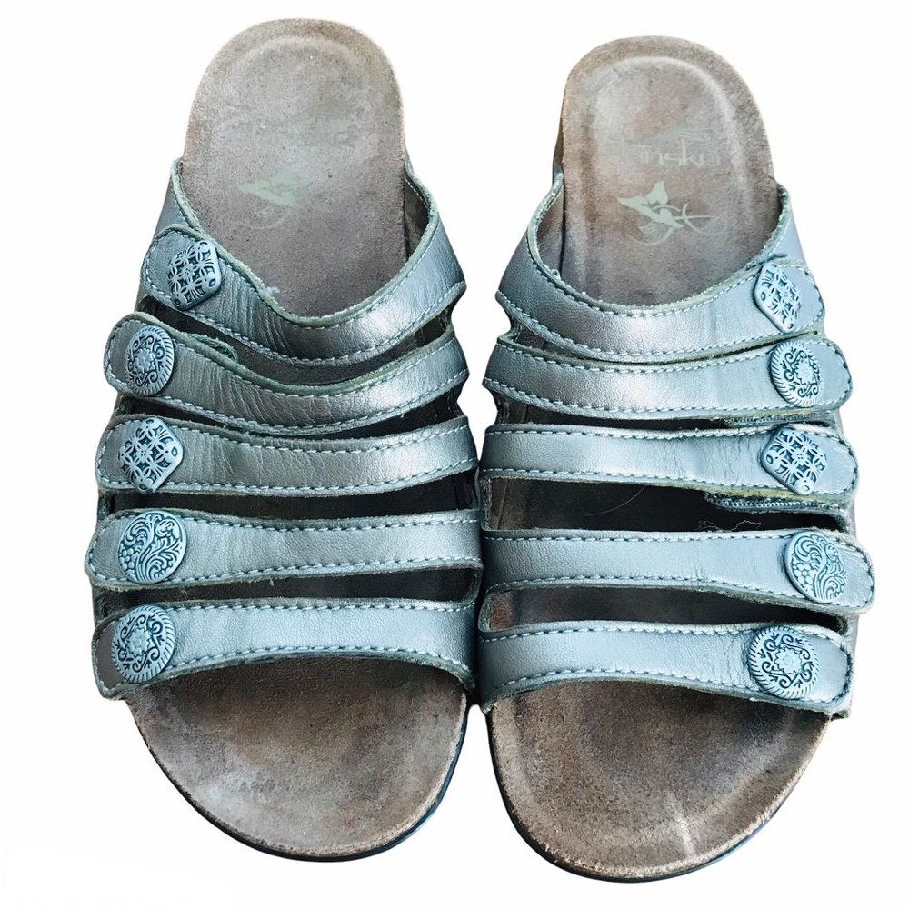 Dansko Janie 6-6.5 Metallic Bronze Button Accent Adjustable EUC Europe Size 36